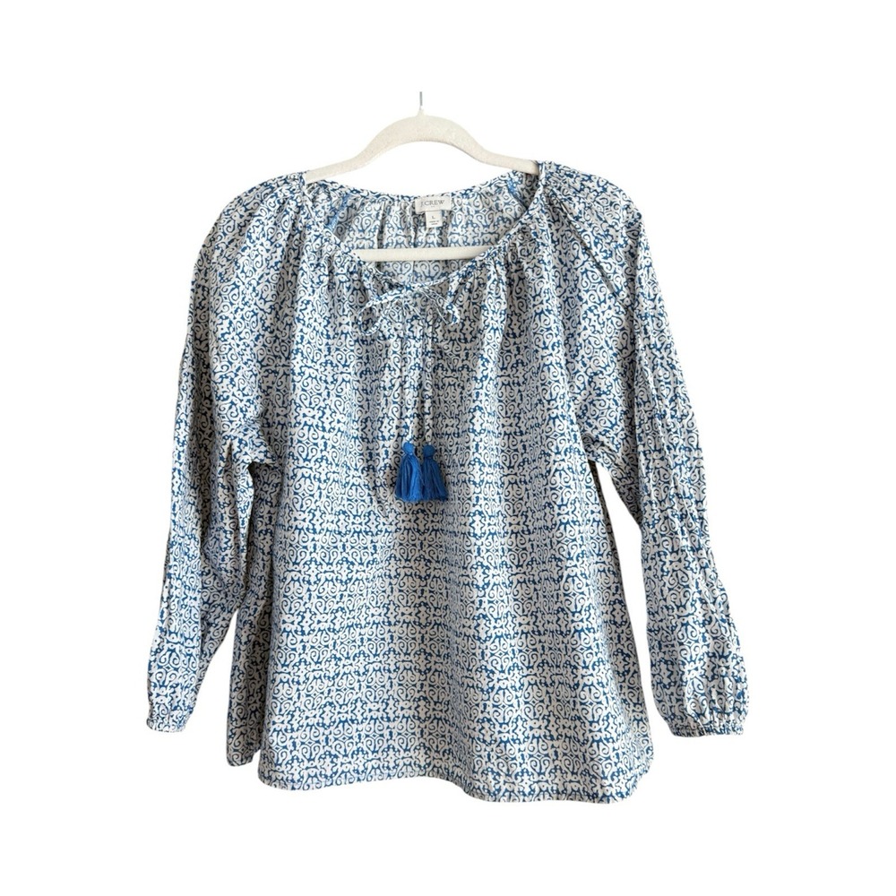 J. Crew Raglan Cotton Popover Blouse Blue White Geometric Peasant Tassel Top L